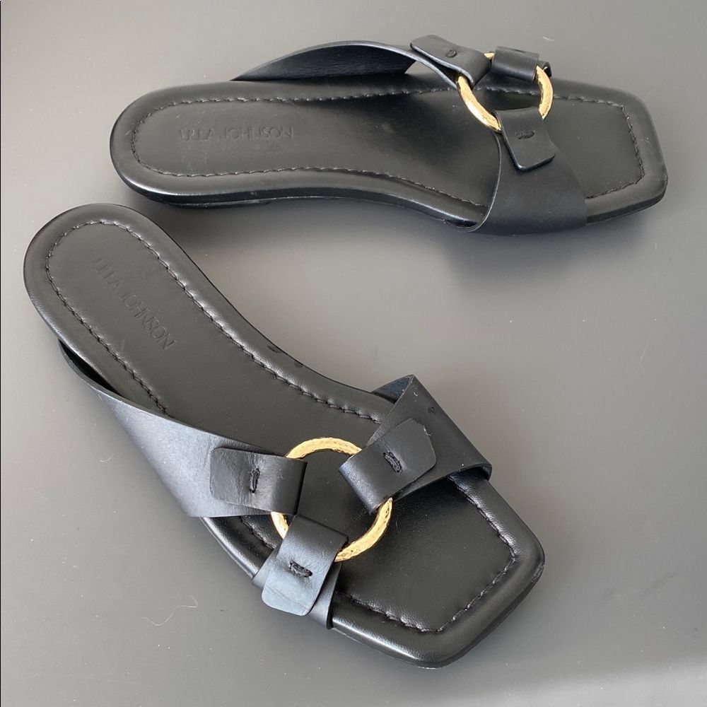 Ulla Johnson Anya slide sandals black leather gold-tone ring vamp 38 (US 7.5-8)